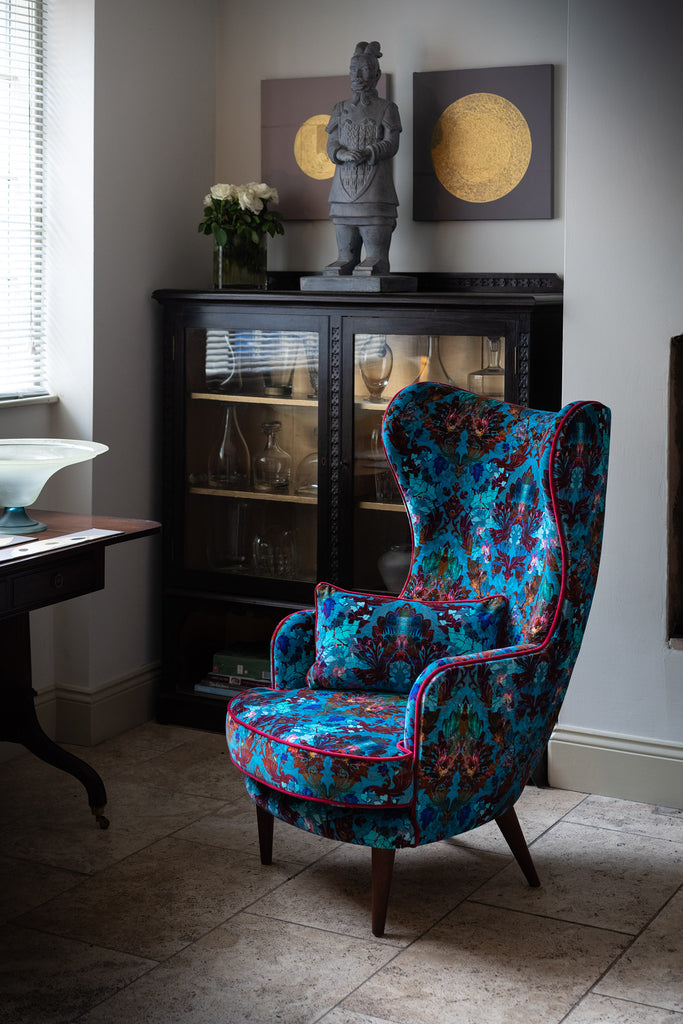 Wingback accent chair, Teal wingback chair, statement armchair, Contemporary vintage furniture, comfortable and stylish accent chair, interiors shop in Derbyshire, UK-crafted upholstery 