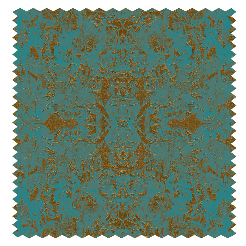 Oscar luxury velvet fabric featuring embossed orange and gold. 