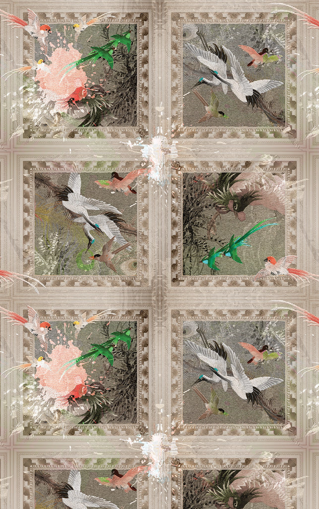 Paradise wallpaper featuring soft florals and orange framing in muted natural tones. 