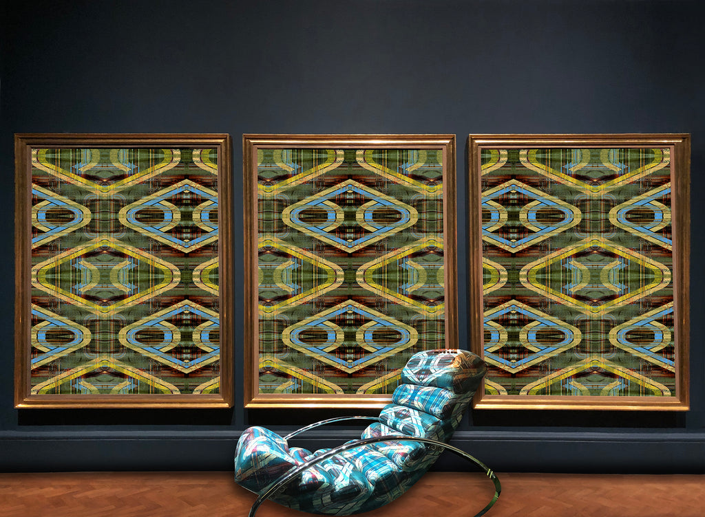 Three framed geometric patterned artworks on a dark wall with a decorative chair in front.