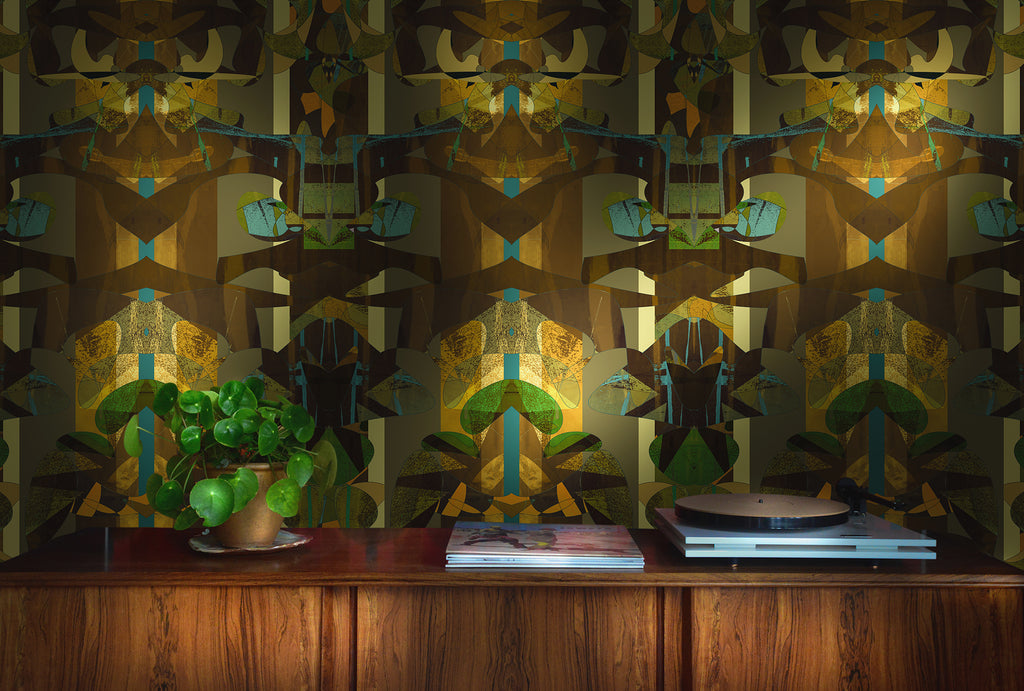 Interior wall with Stevie in the Woods wallpaper creating a moody woodland atmosphere 