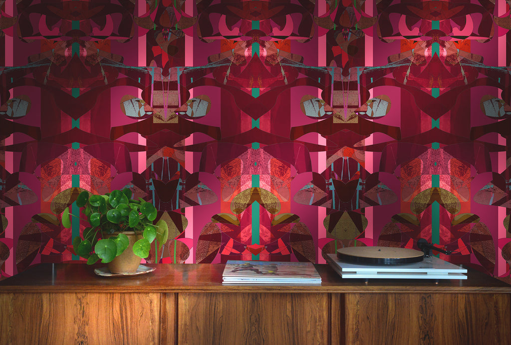 Stevie at the Ritz luxury wallpaper in red, pink and blue with abstract geometric patterns detailed 