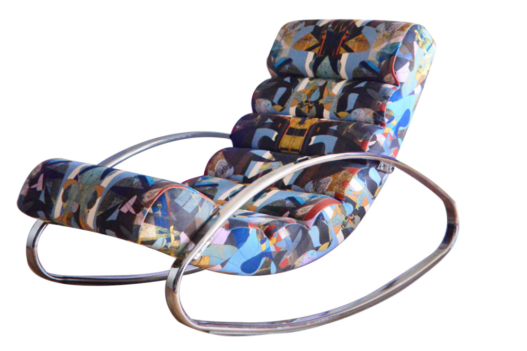 Blue modern wave chair, Contemporary rocking chair, Blue patterned accent chair, Bold furniture deigns, Sustainable velvet chair, interiors shop in Derbyshire 