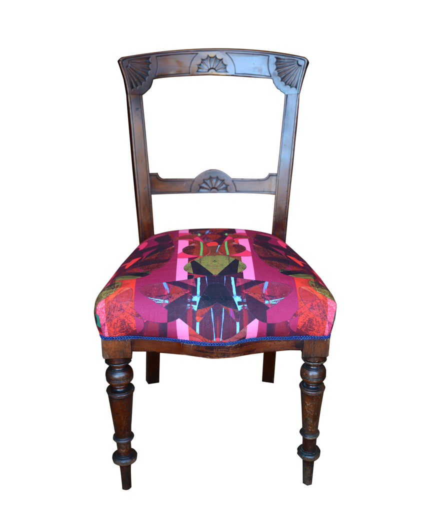 Pink antique wooden chair, Antique chair with modern upholstery, statement furniture piece, Antique wood frame with vibrant upholstery, turned wooden legs, Interiors shop in Derbyshire, Textiles Wirksworth uk