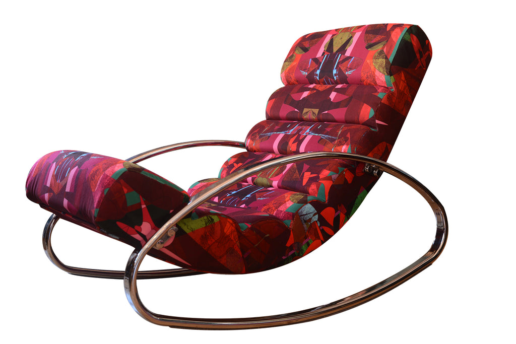 Red modern wave chair, Contemporary rocking chair, Red patterned accent chair, Bold furniture deigns, Sustainable velvet chair, interiors shop in Derbyshire 