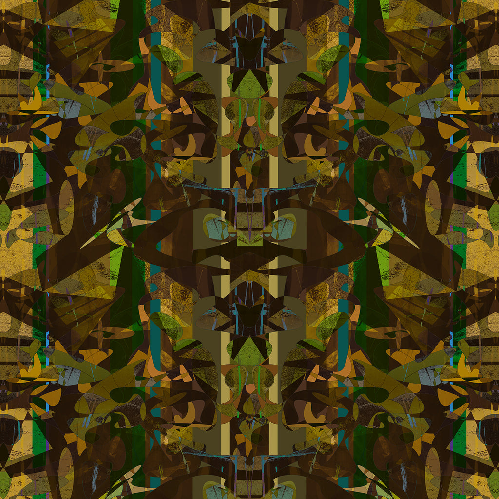 Velvet fabric in Stevie in the Woods - symmetrical forest-inspired print in earthy greens and deep amber 