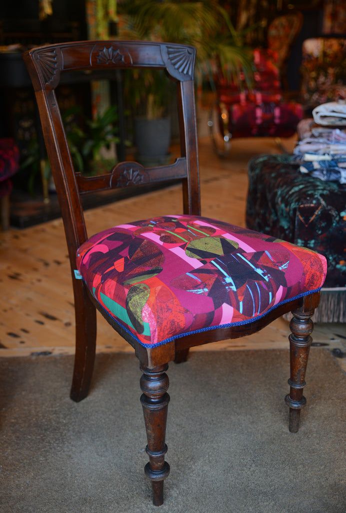 Antique occasional chair styled in Blackpop’s Stevie at the Ritz sustainable velvet, statement furniture. 