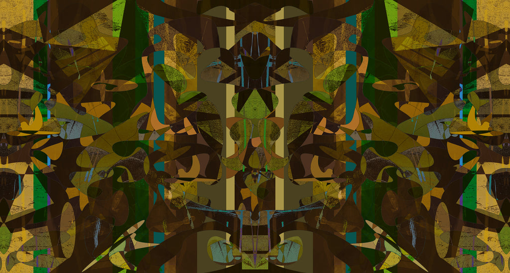 Velvet fabric in Stevie in the Woods - symmetrical forest-inspired print in earthy greens and deep amber 