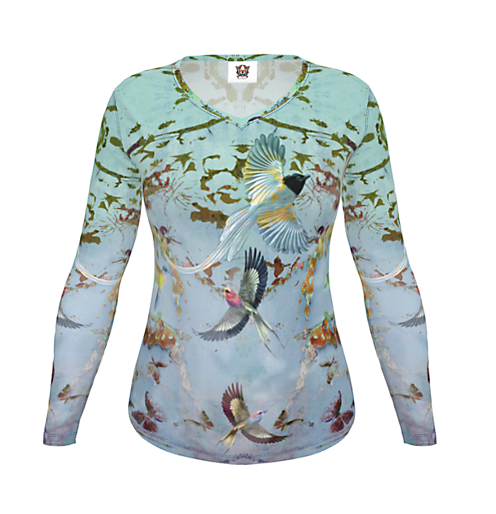 Long sleeve bird pattern t-shirt, long sleeve designer cotton t-shirt, t-shirts sold in Wirksworth, Bird pattern light blue t-shirt 