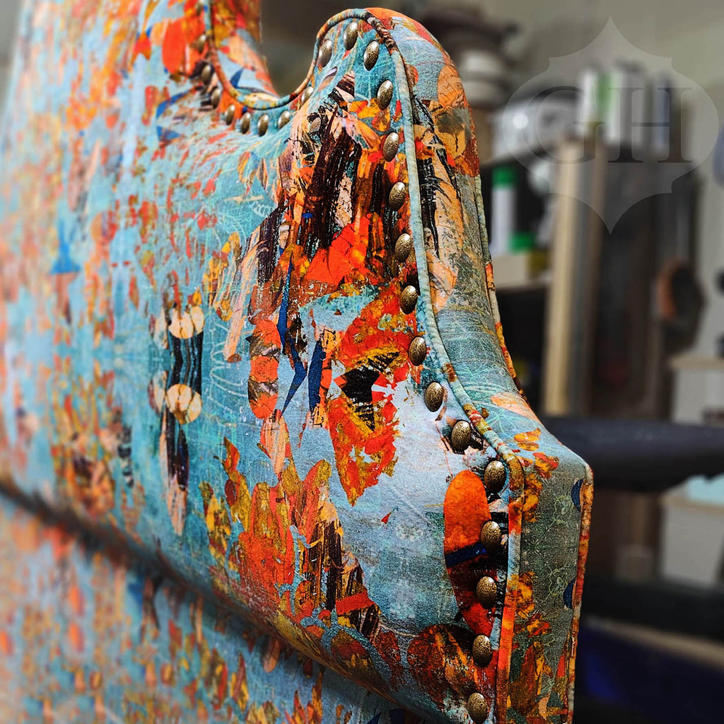 Headboard upholstered in Mary velvet designer fabric with striking abstract geometric print 