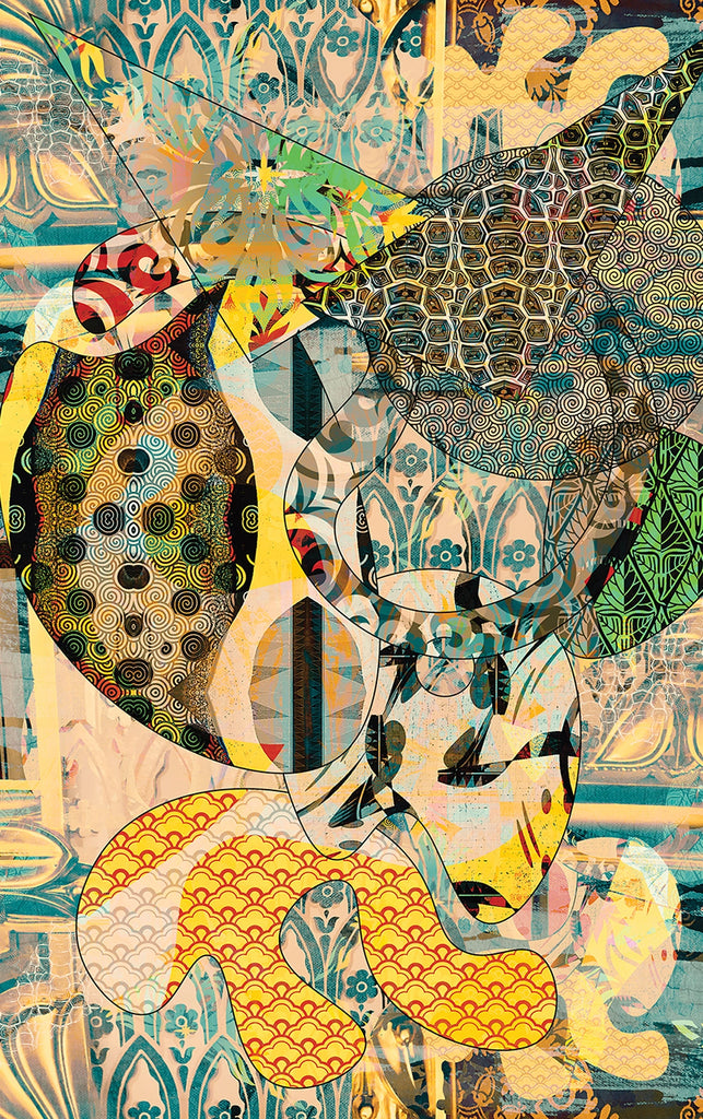 A section of colorful Walladawn wallpaper featuring an abstract pattern with elements resembling African art.