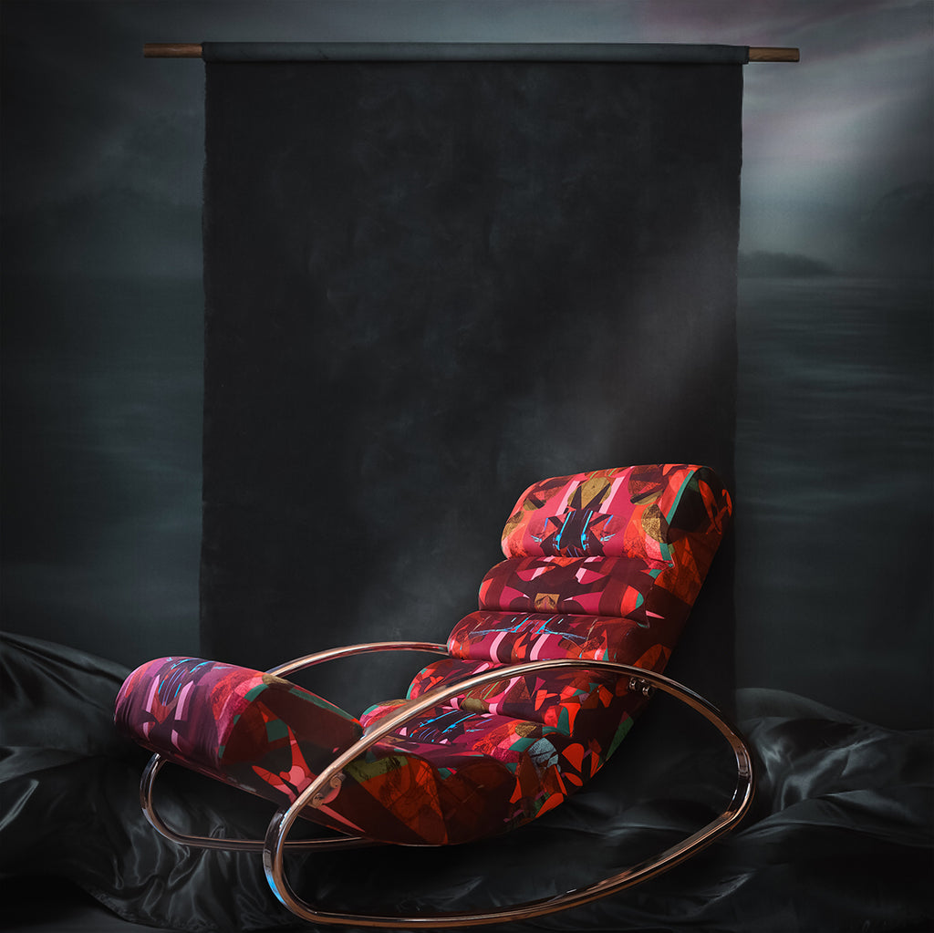 Red modern wave chair, Contemporary rocking chair, Red patterned accent chair, Bold furniture deigns, Sustainable velvet chair, interiors shop in Derbyshire 