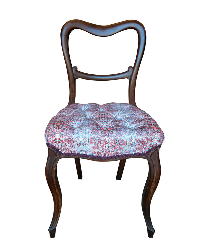 Victorian style antique chair, Wooden frame chair with cabriole legs, Deep buttoned antique chair, upholstered vintage chair uk, fabric made in the uk, elegant curve backrest chair, interiors shop in Derbyshire, textiles in Wirksworth uk