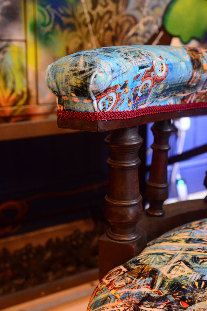 luxury blue velvet, designer blue velvet for sale UK, patterned velvet for sale UK, designer velvet for sale UK, antique captain chair for sale, Blackpop UK