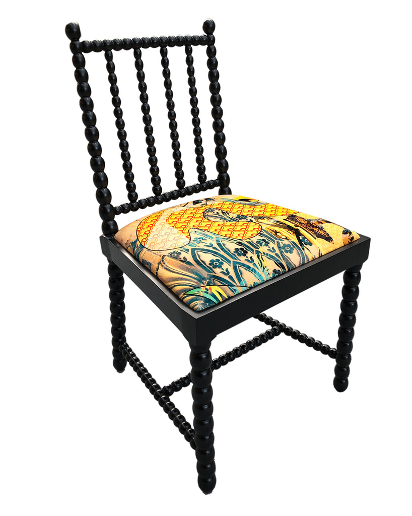 Black bobbin chair, Yellow upholstered dining chair, Furniture made in the UK, Statement piece chair, Bold dining chair, interiors shop in Derbyshire 