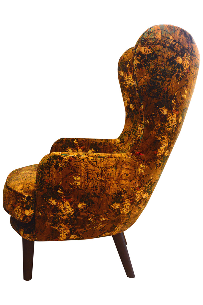 Mustard yellow wingback chair, Luxury Henry fabric design, Handcrafted statement chair, Contemporary upholstered chair, High-back armchair, Wingback curve, Interior shop in Derbyshire, Textiles Wirksworth uk