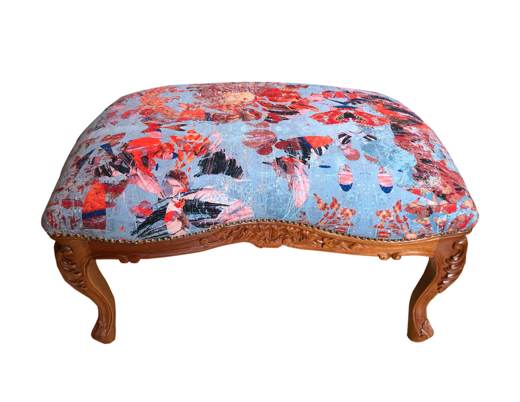 Vintage footstool, Upholstered ottoman, Blue footstool, Hand-crafted wooden stool, Cotton velvet fabric made in UK, Stud finish furniture, interiors shop in Derbyshire
