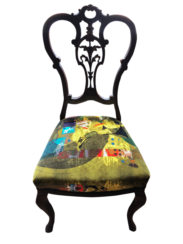 Vintage chair in Elektra fabric - pop-art inspired velvet in green, red an aqua abstract pattern 