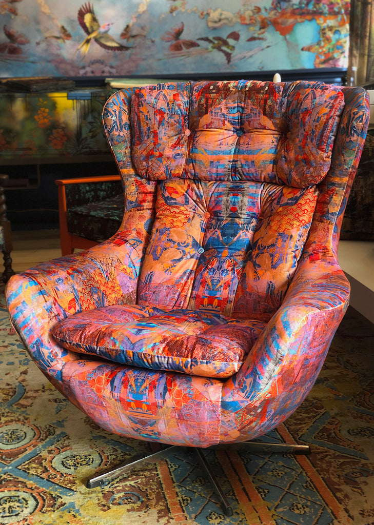 Wallablue armchair - bright abstract velvet in orange, pink and blue with abstract print layered effect 