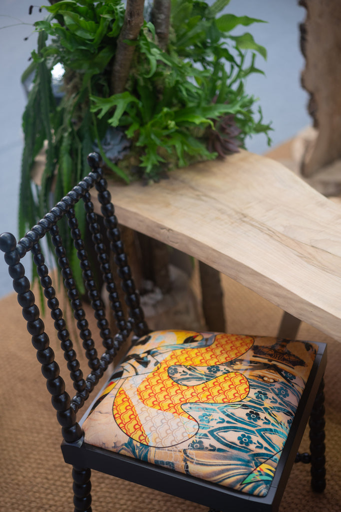 Black bobbin chair, Yellow upholstered dining chair, Furniture made in the UK, Statement piece chair, Bold dining chair, interiors shop in Derbyshire 