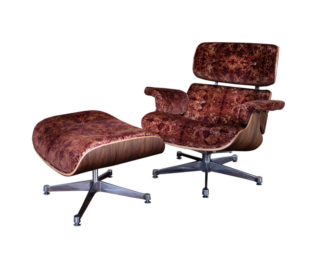 arm chair upholstered in Marlene luxury velvet fabric with purple and brown distressed pattered design