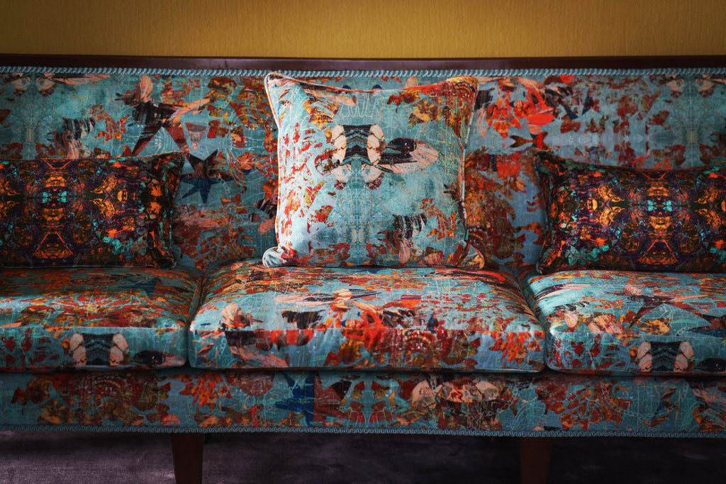 Mary velvet designer upholstery sofa with matching cushions in luxury abstract fabric 