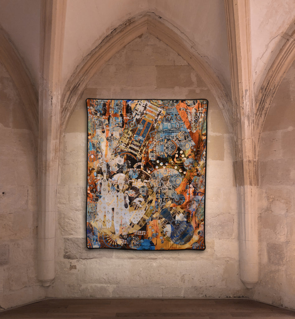 Argo Navis velvet wall hanging on beige stone wall