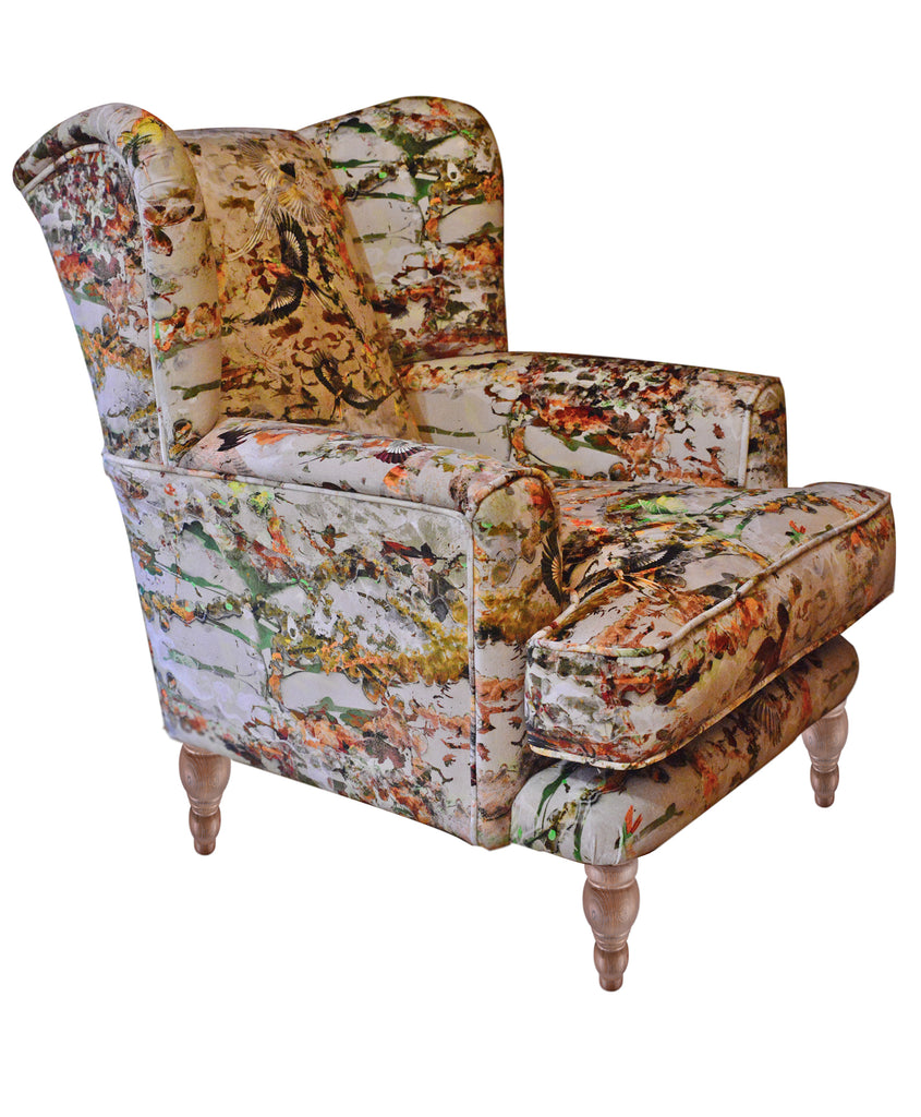 Bird patterned wingback chair, modern vintage seating, artistic home decor, comfortable accent chair, Luxury statement chair, Interiors shop in Derbyshire, Wirksworth textiles uk