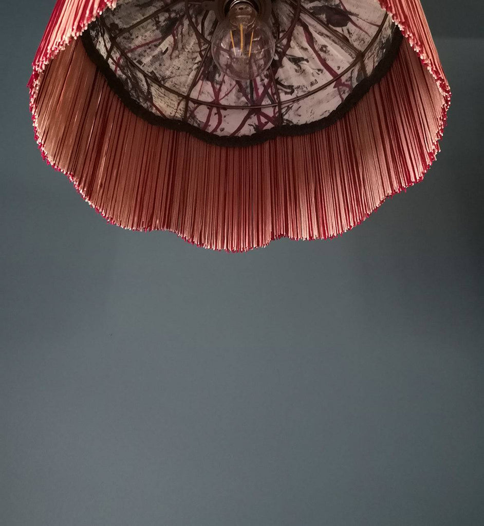 Silk fringed lampshade, bespoke lampshade, luxury lampshade, Luxury interiors lighting, vintage-inspired lampshade, home decor statement piece, interiors shop in Derbyshire 