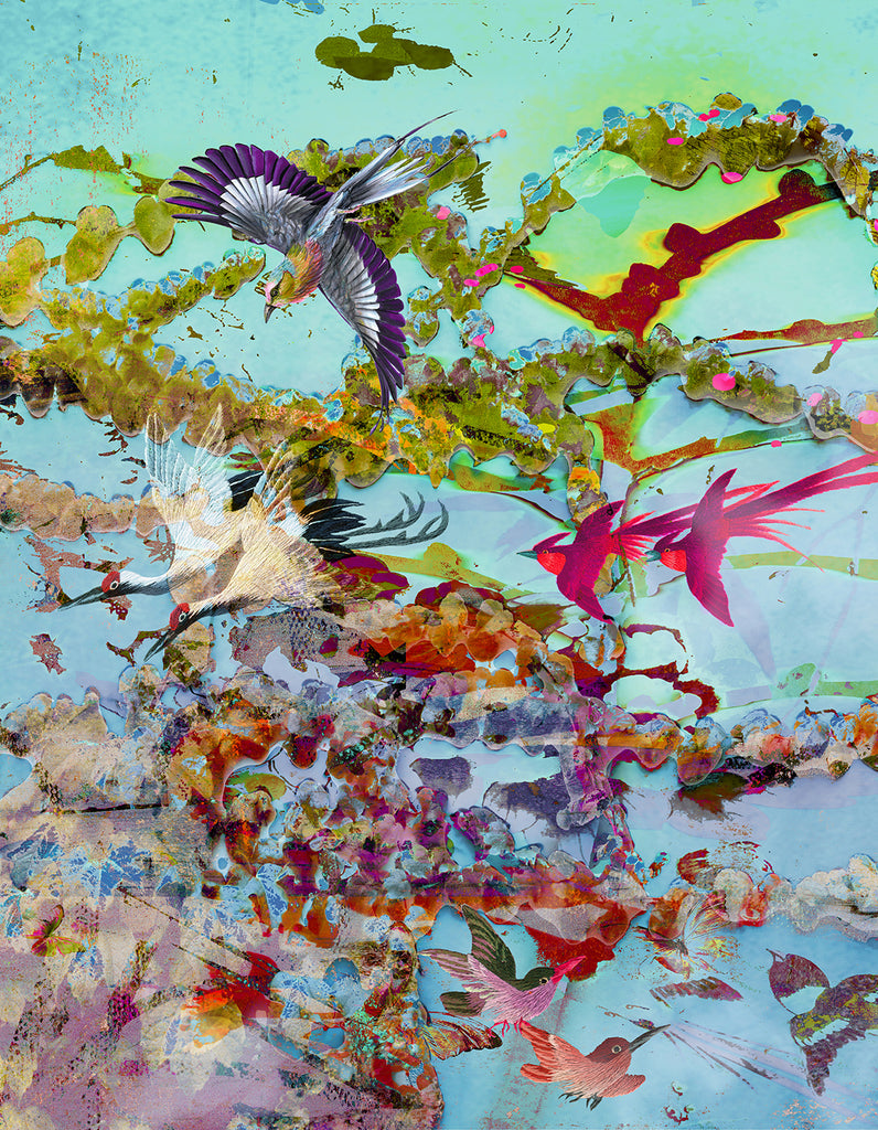 Detail of ‘Ariel Dawn Chorus’ wallpaper design featuring multicoloured birds in flights on a pale blue background. 