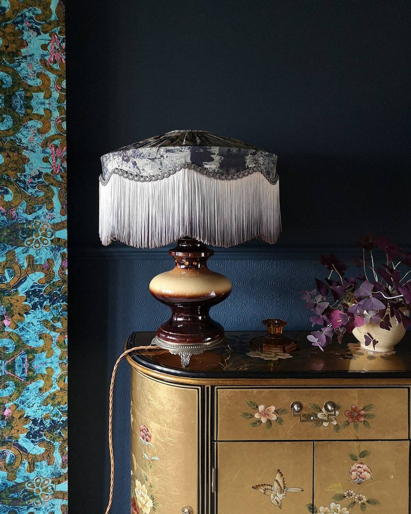 Grey Silk fringed lampshade, bespoke lampshade, luxury lampshade, Luxury interiors lighting, vintage-inspired lampshade, home decor statement piece, interiors shop in Derbyshire 