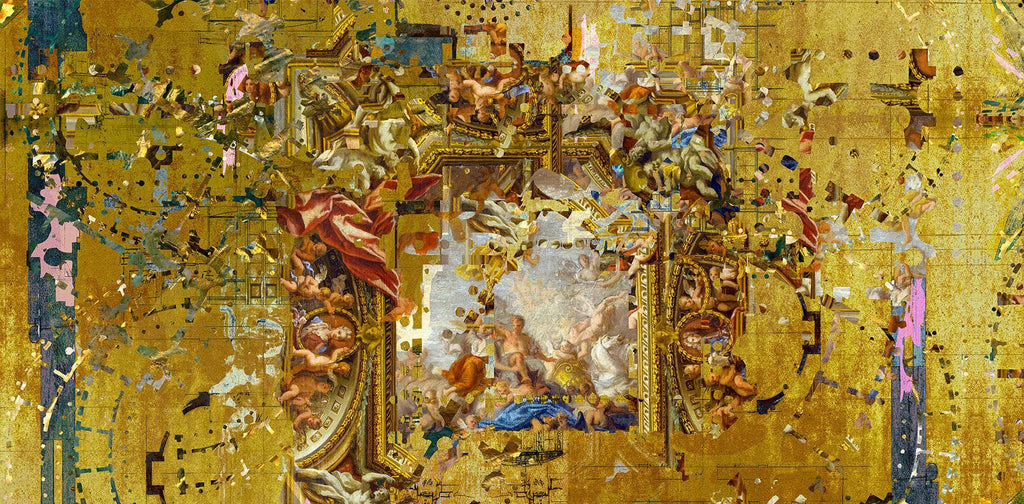 ‘Hampton Gold’ wallpaper mural design with ornate baroque details and distressed gold texture. 