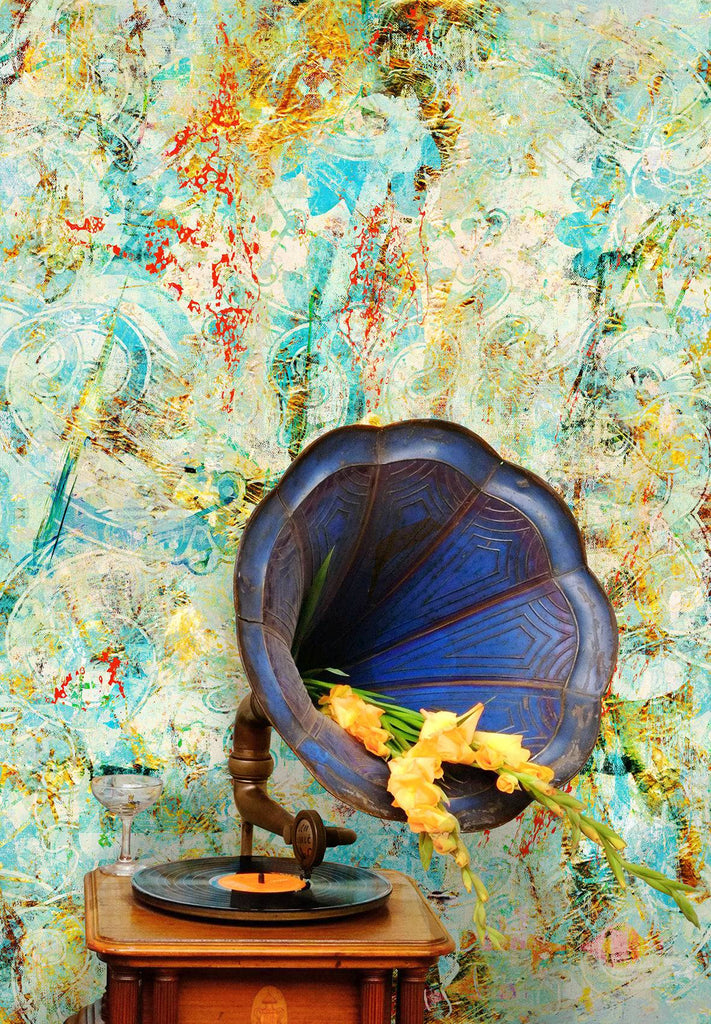 Birdland Jam wallpaper in layered teal and ochre tones, styled with vintage gramophone and sunflower.