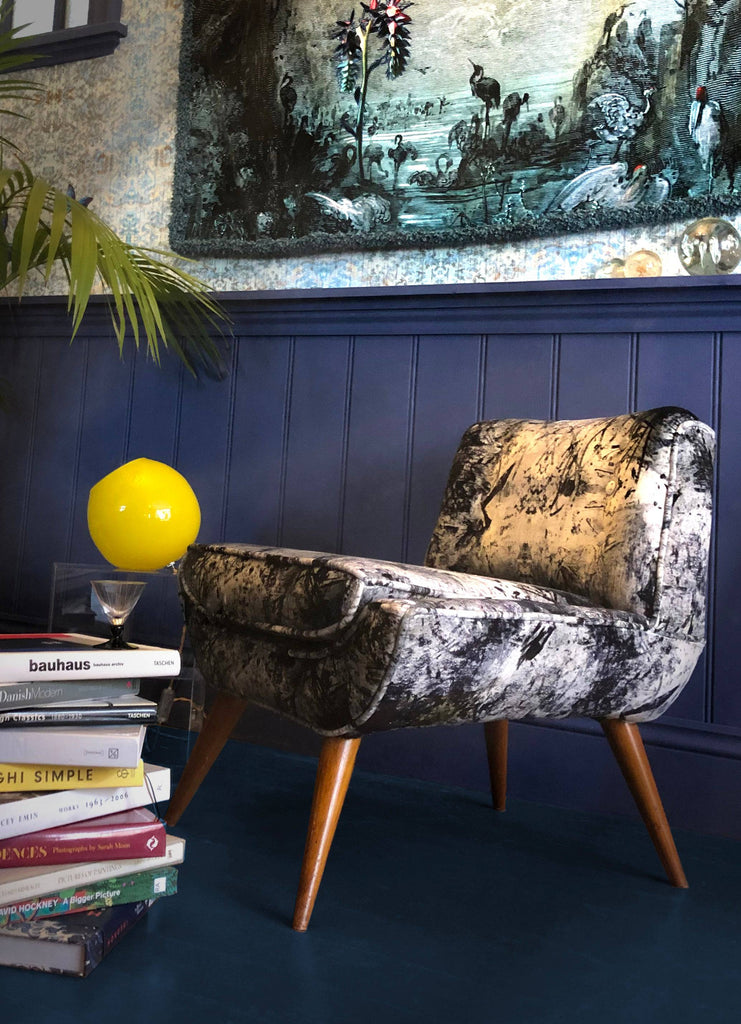 Chair with designer upholstery in Vanguard luxury fabric with bold abstract pattern