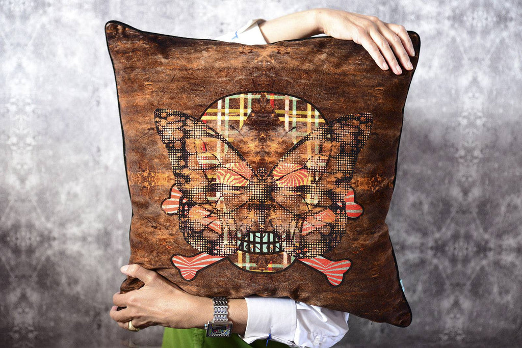 Brown velvet cushion, Skull butterfly print design, Duck feather cushions, 48x48cm cushion, piping detail cushion, Things to do in Wirksworth, Fabric shop Derbyshire