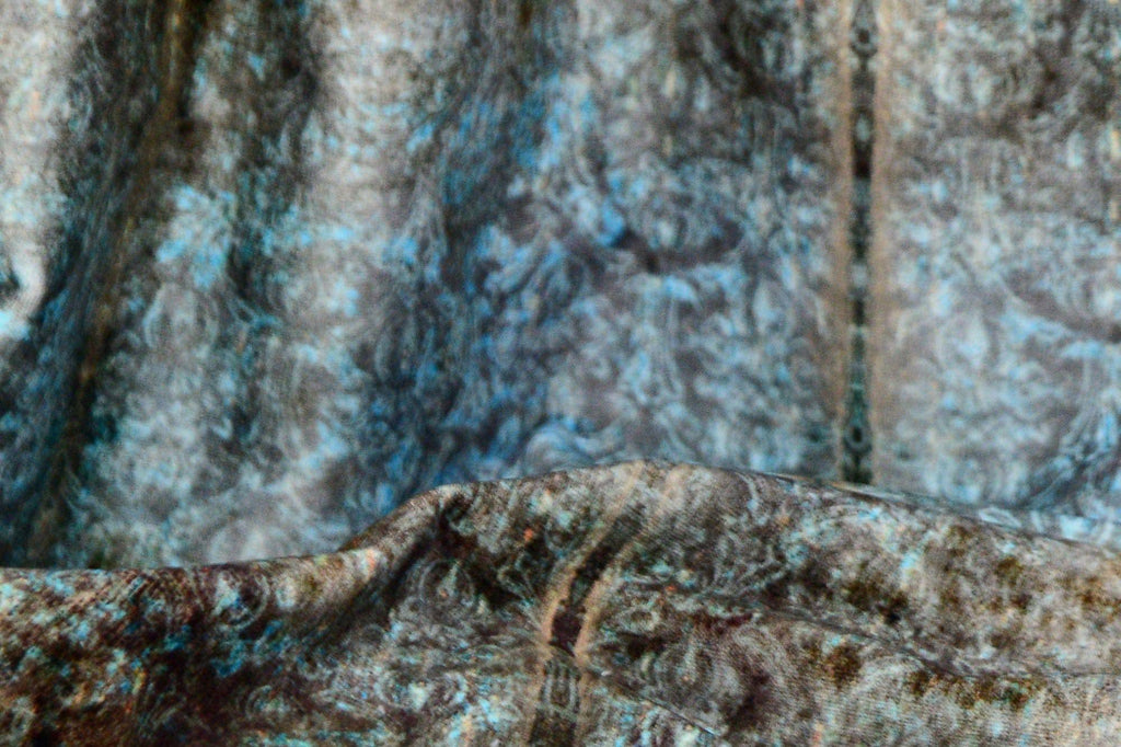 Duprez fabric draped - antique-style damask in faded blue and moss green tones with vintage, symmetrical design 