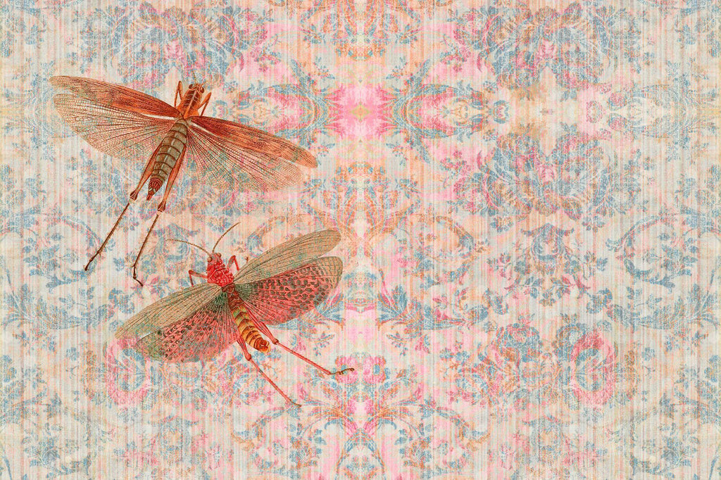 Chapelle with Wings wallpaper close-up highlighting pink and gold locusts against muted background. 