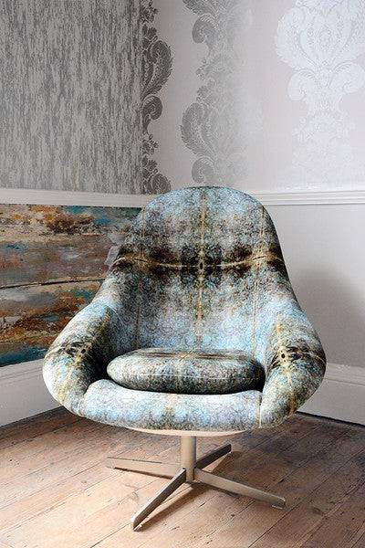 Chair in Duprez fabric - texture damask velvet in dusky blue, green and gold with classic mirrored layout 