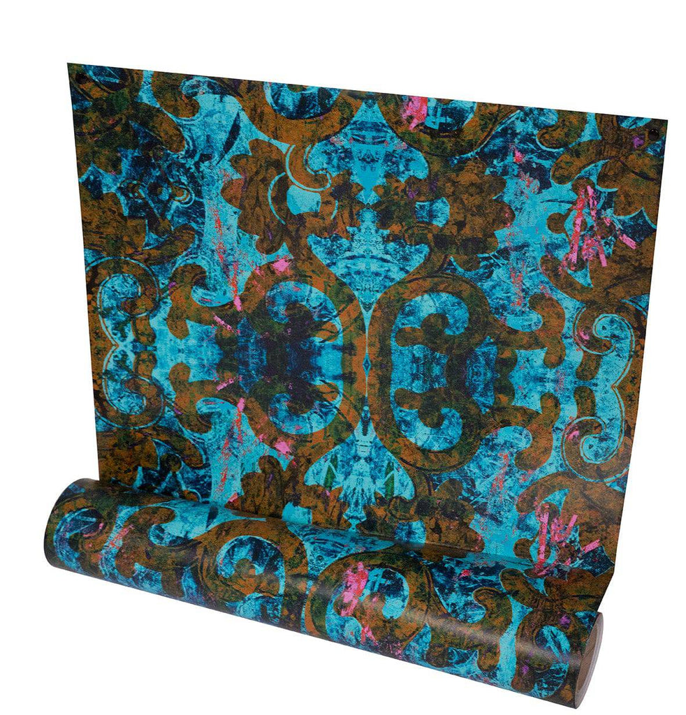 Dizzy wallpaper roll displayed with teal, gold and pink ornate patterns. 