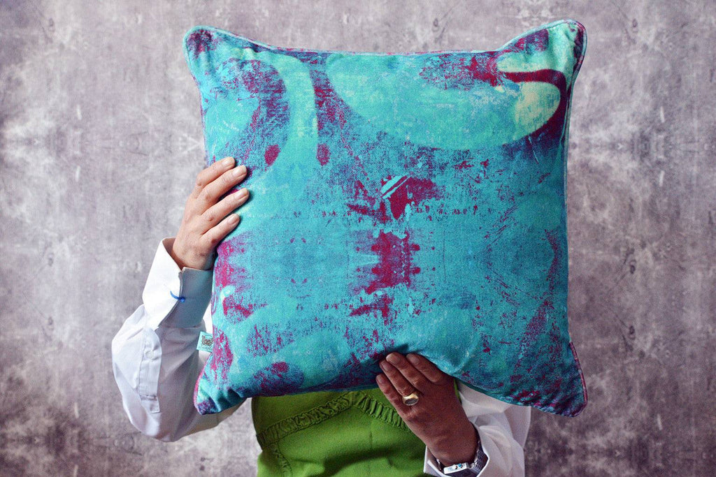 Blue Note/Vibe Velvet Cushion - Blackpop | Designer Wallpaper, Luxury Fabric & Bespoke Furniture,turquoise and blue velvet cushions uk, abstract velvet cushions, contemporary velvet cushions uk, velvet cushions made in england,