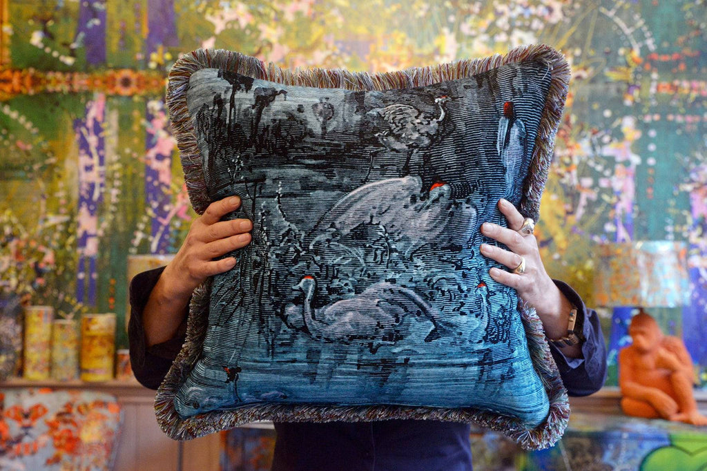 'Paradise Found' - Velvet Cushion - Blackpop | Designer Wallpaper, Luxury Fabric & Bespoke Furniture,velvet bird cushion uk,blue bird design cushion,heron and stork cushion uk, regency cushion uk, velvet Milton cushion uk, paradise velvet cushion, velvet cushions made in England