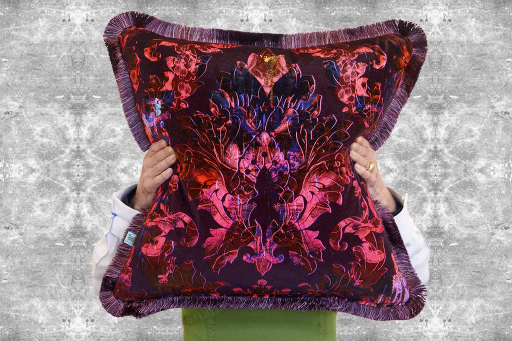 Moulin Fabric cushion with fringing - luxurious damask velvet in red, pink and dark plum