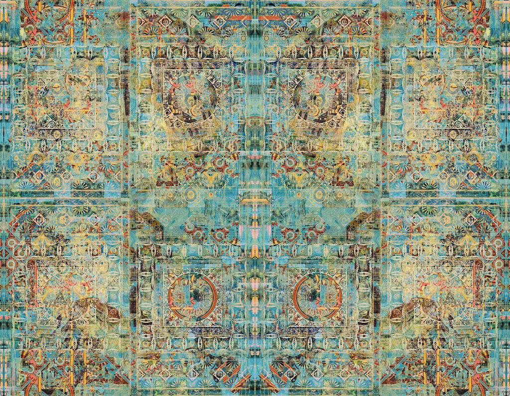 Capriccio pattern repeat - layered architectural patterns with blues, yellows and pops of orange 