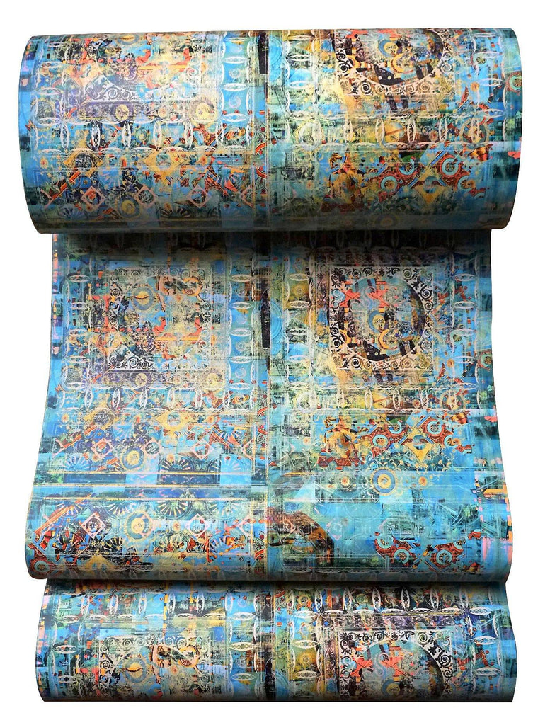 Roll of Capriccio wallpaper showing bold turquoise and gold patterned design.