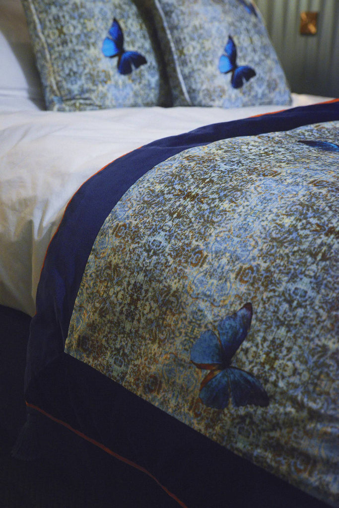 Chapelle Morpho Bed Throw - Blackpop | Designer Wallpaper, Luxury Fabric & Bespoke Furniture, butterfly bed runners UK, velvet throws UK, bespoke bed runner UK, blue butterflies bedroom, luxury bed throws UK, blue and orange bedrooms UK,