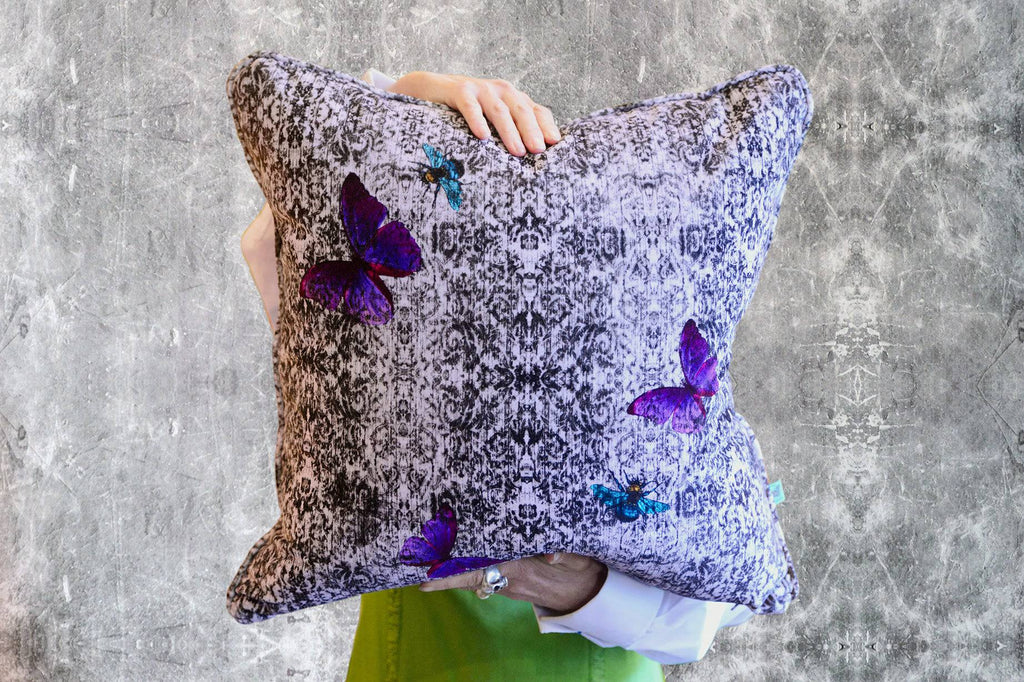 Butterfly design velvet cushion, damask print cushion, Luxury cushions, unique home decor, duck feather cushions, Fabric shop Wirksworth, Derbyshire textiles 