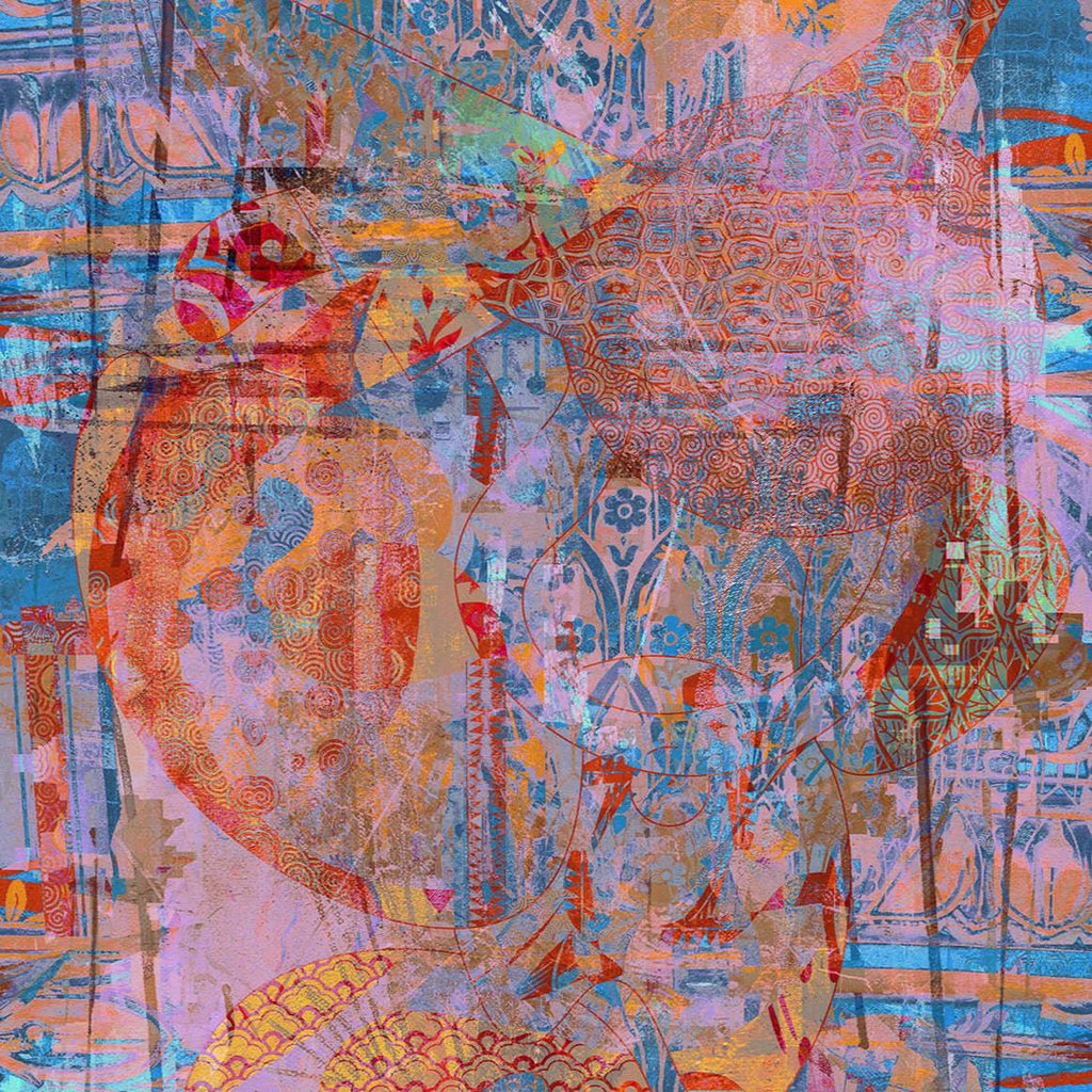 A fabric sample with a vibrant pattern featuring a mix of pink and blue colors with bird and floral motifs.