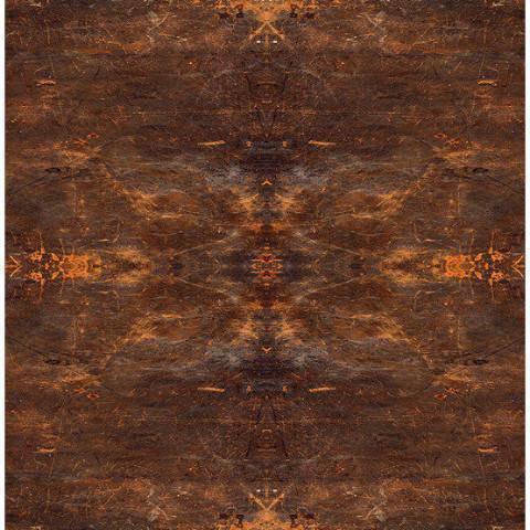 A sample piece of Geo Earth fabric displaying a textured, mottled pattern in brown, gold, and orange tones.