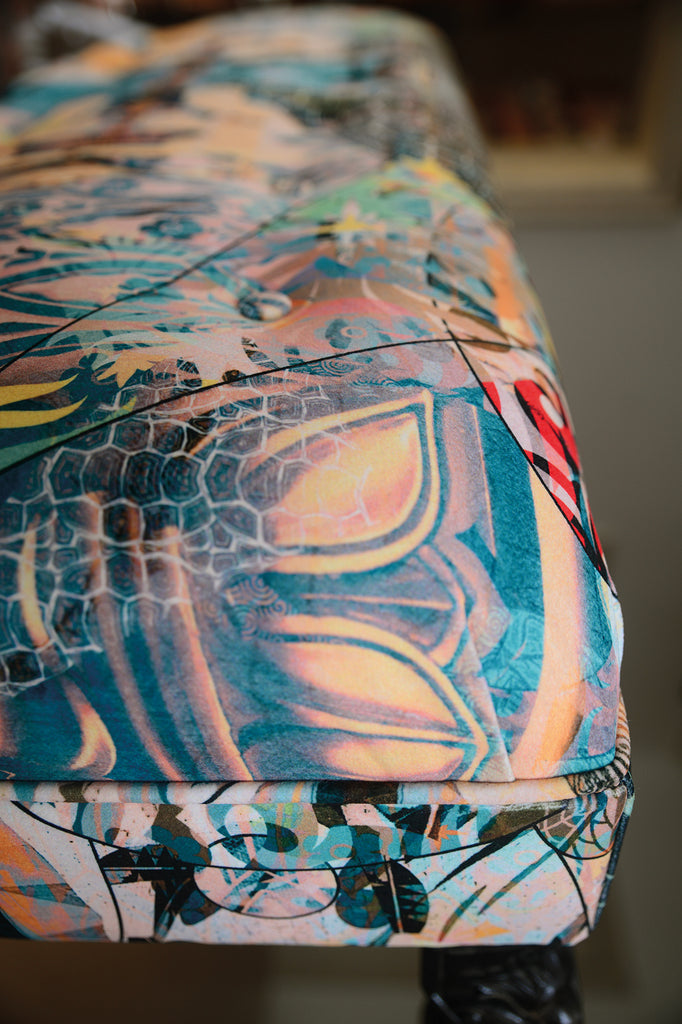 Luxury blue and yellow velvet for sale UK, Designer velvet for sale UK, Luxury velvet footstool for sale UK, Sustainable furniture for sale UK, lux furniture for sale UK, Designer furniture for sale UK, Wirksworth textiles UK, Blackpop Designer fabrics for sale UK