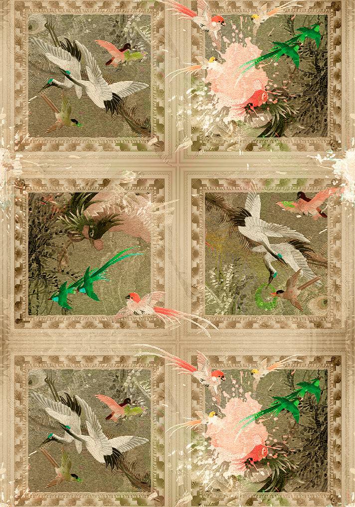 Paradise fabric pattern repeat with oriental birds, floral motifs and intricate botanical details 